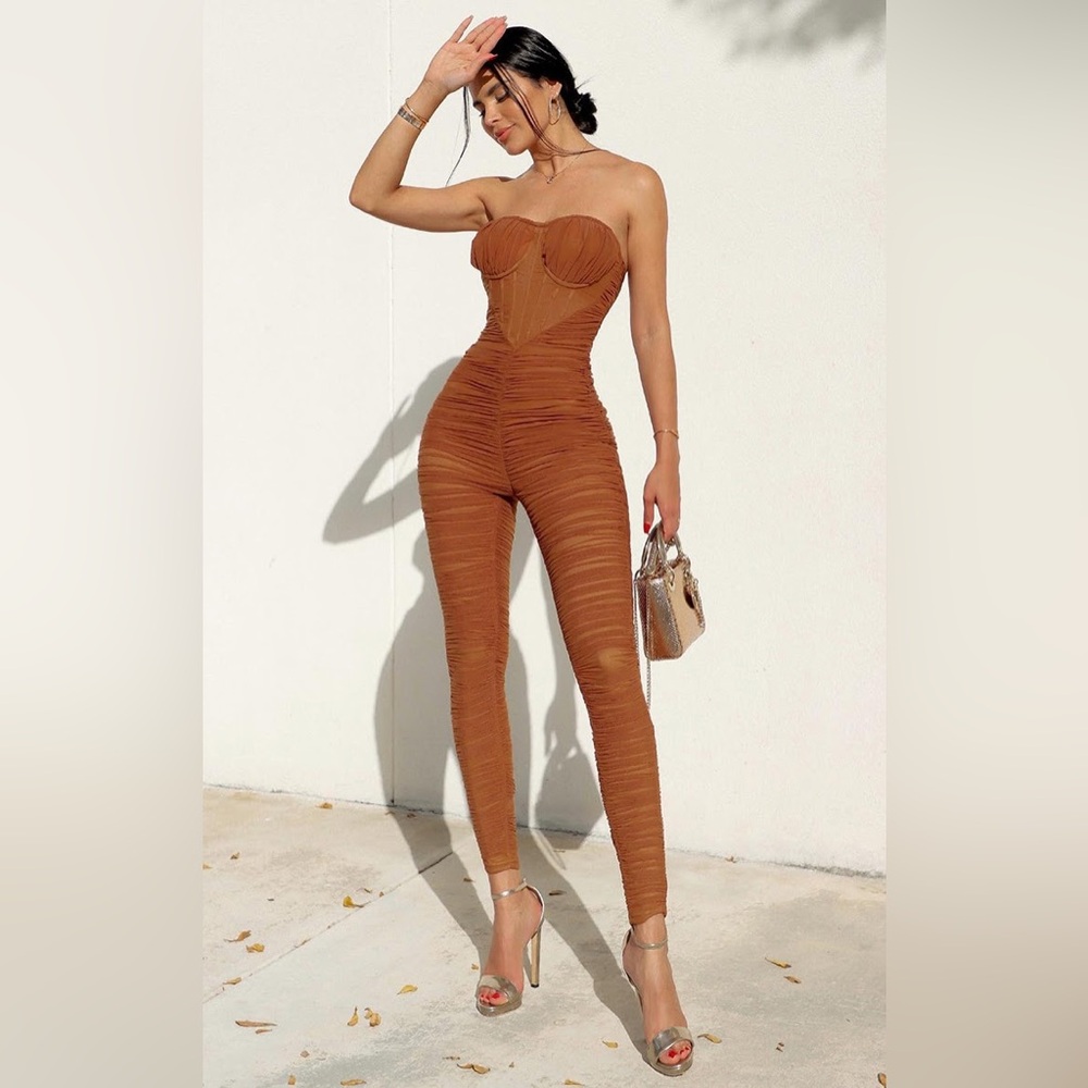 Corset Detail Mesh Ruched Bandeau Jumpsuit